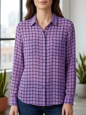 Liz Claiborne Lavender Shirt with Navy Grid Pattern